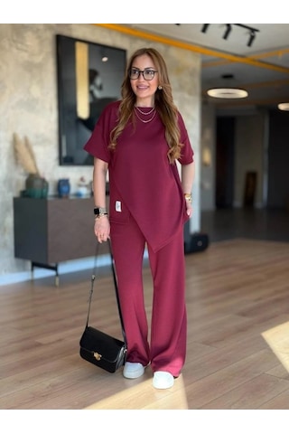 Munn Collection Kadın Kısa Kollu Bisiklet Yaka Asimetrik Viskon Iki Iplik Bluz Ve Pantolon Ikili Takım Bordo