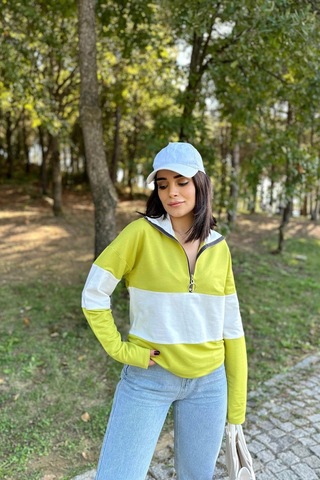 WeShaya Kadın Yağ Yeşili Uzun Kol, Dik Yaka, Fermuarlı, Double Color Block Basic Sweatshirt Bluz Yağ Yeşili