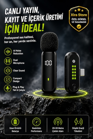 Bwc-10 Çiftli Kablosuz Mikrofon Type-c Lightning Aı Gürültü Engelleme Dijital Ekran Tripodlu 20-30 Metre