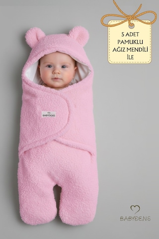 Babyden's 0-12 Ay Welsoft Peluş Bebek Dış Kundak Uyku Tulumu Ayıcık Kulaklı İçi %100 Pamuk Astarlı Battaniye Pembe