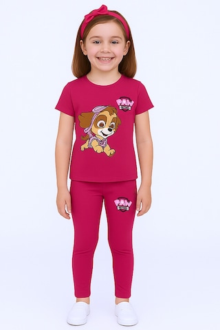 Kız Çocuk Taytlı Takım Saç Bandı Hediyeli Baskılı C64 Fuşya