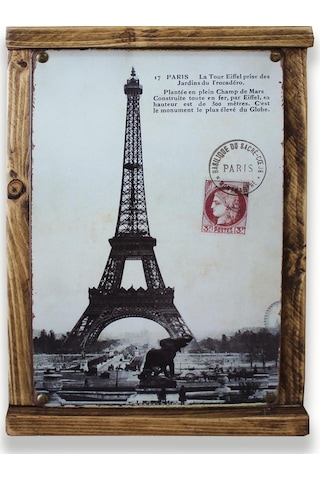 Rustik Ahşap Çerçeveli Vintage Metal Pano Paris Mail 20x30