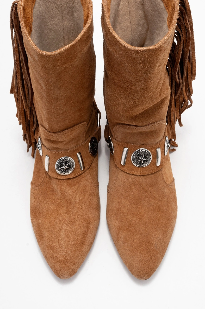 Luvishoes Luvi Shoes Selora Taba Süet Püsküllü Hakiki Deri Tokalı Kadın Western Bot Taba Süet