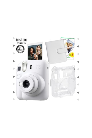 Fujifilm Instax Mini 12 Fotoğraf Makinesi + 20'li Film + Kare Albüm + Şeffaf Kılıf Seti Beyaz