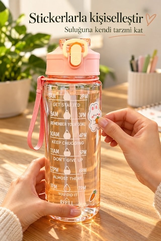 Madamev 3lü Motivasyonel Suluk Matara Seti 2000+750+280 Ml Pipetli Stickerlı Askılı Spor Ve Okul Su Çok Renkli