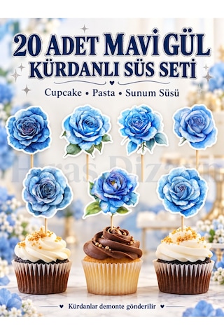 Hiras Dizayn Mavi Gül Kürdanlı Süs Seti 20 Adet Cupcake Pasta Sunum