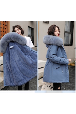 Snapbuy Kalın, Yumuşak Dolgulu, Midi Boy, Kapüşonlu, Kürk Detaylı Kadın Mont Mavi