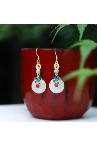 Doğal Hetian Yeşim Barış Toka Xianggyun Beyaz Yeşim Retro Sanatsal Küpe 925 Gümüş Yeşim Küpe Saplama Küpe Altın - Beyaz