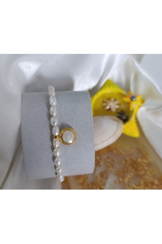 Sedef Dolgulu Altın Kaplama Gerçek İnci Tasarım Bileklik El Yapımı Gold