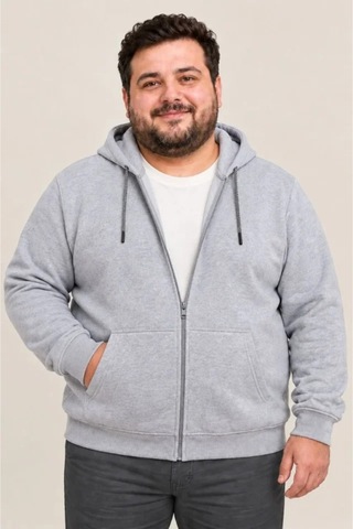 Butik İstanbul Erkek Battal Büyük Beden Üç İplik İçi Şardonlu Kapüşonlu Tam Fermuarlı Kışlık Sweatshirt - Gri