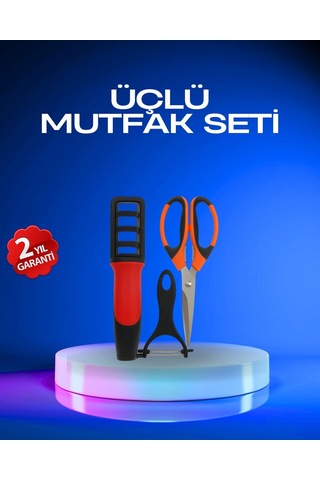 Profesyonel Mutfak Makas Seti - Kesim Makası + Soyacak + Bileyici Çok Renkli