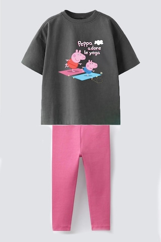 Monila Kız Çocuk Pamuklu Baskılı T-shirt Ve Fitilli Tayt 2'li Takım Antrasit