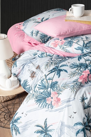 Mystory Home Lastikli Çarşaflı Çift Kişilik Nevresim Takımı Palmiye Mavi - Pudra