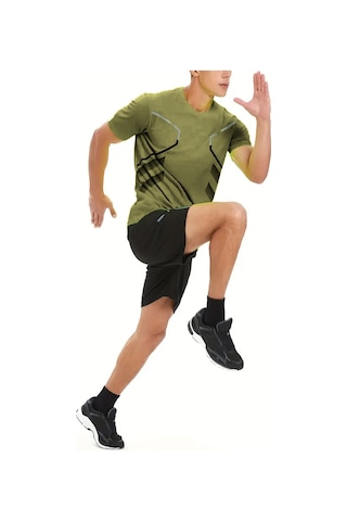 Ghassy Co. Erkek Ultra Esnek Nem Emici Vücut Geometrik Hızlı Kuruyan Hafif Spor T-shirt Haki