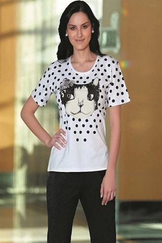 Berrak Kedi Baskılı Bayan Kaprili Takım 2465 Beyaz