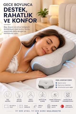 Premium Visco Yastık 62x42 Cm Boyun Destekli Ortopedik Uyku Yastığı Açık Gri