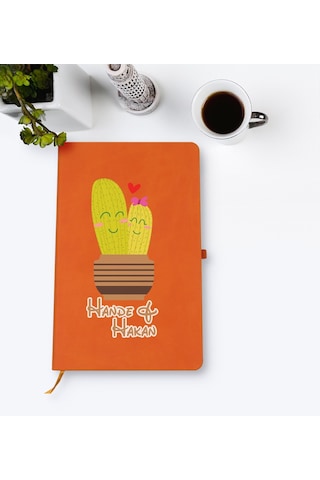 Kişiye Özel Kaktüs Tasarımlı Turuncu Termo Deri Defter Model 13