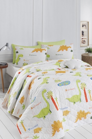 Eponj Home Enlora %100 Doğal Pamuk Kapitoneli Yatak Örtüsü Seti Çift Kişilik Dinolar Beyaz