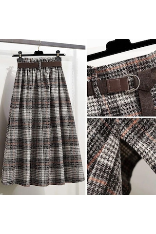 Sonbahar Ve Kış Kadın Etek Yüksek Bel A-line Etek Vintage Ekose Elastik Bel Yün Ekose Etek Haki