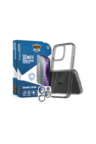 Buff Apple iPhone Uyumlu 15 Pro Max Paket - 2x5d Ekran Koruyucu + Siyah Kılıf + Lens Koruyucu Matte Mat