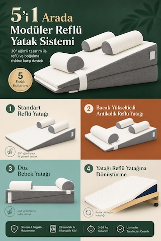 5 in 1 Modüler Bebek Reflü Yatağı Antikolik - Düz Yatış - 30 Açılı Reflü Yatağı -