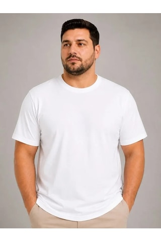 Efnaz Style Erkek Battal Big Size Basic Tişört Bisiklet Yaka Rahat Kalıp T-shirt - Beyaz