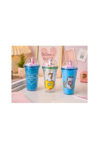 Unicorn Temalı Pipetli Bardak 450 Ml Mavi Renkli Çocuk Matara Şeffaf Kapaklı Bpa İçermez 3 Farklı Model Çok Renkli