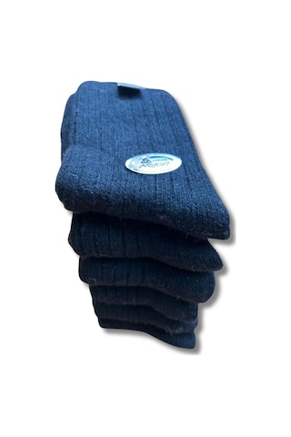 Erkek Saf Yün Kışlık Orta Kalınlıkta Dikişsiz 6 Çift Kendinden Çizgili Çorap Siyah