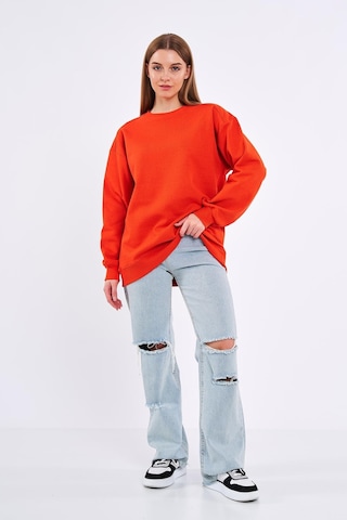 Comeor Turuncu Kadın Pamuklu Oversize Basic Bisiklet Yaka Sweatshirt 001
