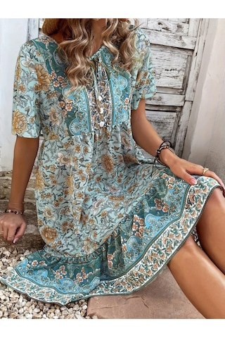 Kadın Kısa Kollu Yakası Bağcıklı Önden Düğmeli Fırfır Desenli Süprem Elbise Mavi