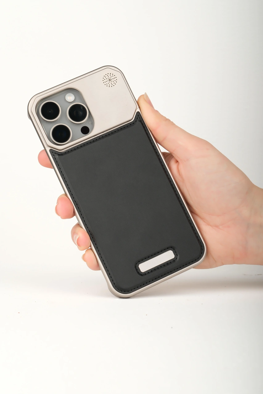 Therock 15 Pro Max Titanyum Gri Magsafe Özellikli Alüminyum Alaşımlı Hakiki Deri,kokulu Metal Kızaklı Telefon Kılıfı Gri