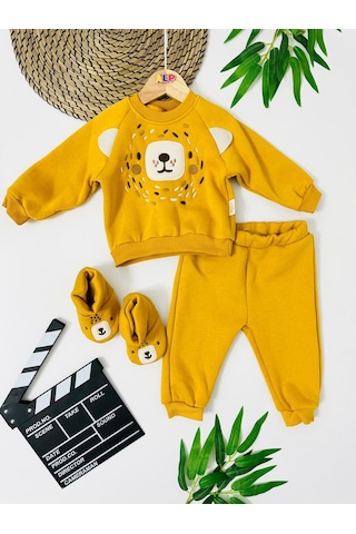 Şirin Bear Surat Panduflu Kışlık 2 Parça Takım Sari