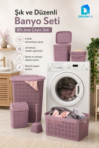 Jute Çeyiz Seti 6 Lı Plastik Banyo Mutfak Dolap İçi Düzenleyici Sepet Kutu Çöp Kovası Seti Karışık Renk Siyah