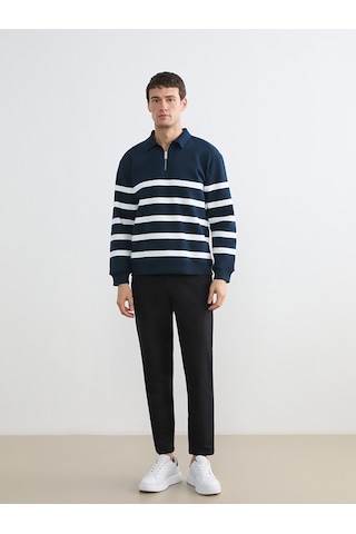Lcw Vision Lacivert Polo Yaka Çizgili Erkek Kalın Sweatshirt