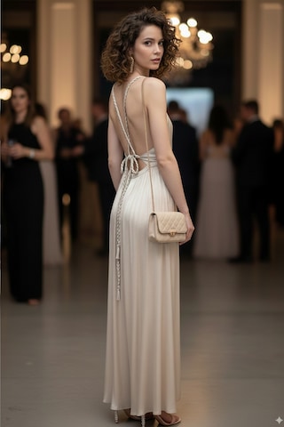 Fashion Cocktail Helen Örgü Sırt Bağlamalı Parlak Yumuşacık Saten Yırtmaçlı Bohem Yazlık Uzun Helenistik Gece Elbise Altın