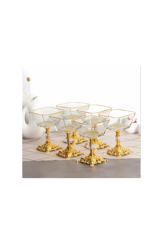 Assa Bazaar Karen 6 Parça Ayaklı Cam Sunumluk Set Dondurmalık Çerezlik Magnolia Cup Altın