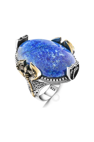 Gümüş Büyük Kasa Lapis Lazuli Taşlı Balta Tasarım Erkek Yüzük Gümüş