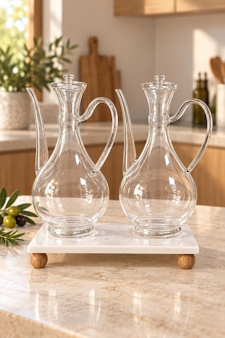 3 Parça Mermer Standlı Borosilikat Cam Yağlık Set - Sirkelik İbrik Model Yağdanlık Takımı Şeffaf