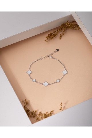 925 Ayar Rodyum Beyaz Mineli Yonca Charm Gümüş Bileklik Gümüş - Rodyum