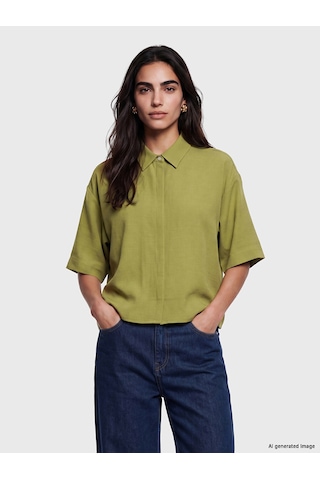 Lcw Vision Yeşil Keten Karışımlı Oversize Kadın Gömlek