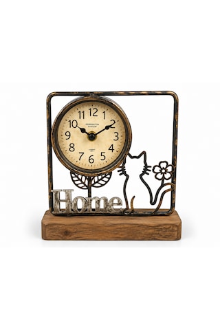 Kedi Desenli Home Temalı Ferforje Saat Dekoratif Masa Saati Eskitme Bakır Metal Ahşap Taban Vintage Nostaljik Kedi Figürlü Ev Ofis Salon Sehpa Konsol Kitaplık Dekorasyonu