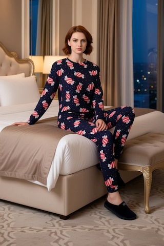 Ersefa Kiz Cocuk Seker Desenli %100 Pamuklu Pijama Takımı Fonksiyonel Da lacivert
