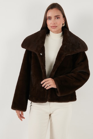 Lela Oversize Fit Geniş Yaka Astarlı Bayan Kürk 497Afra Kahve