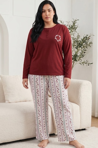 Siyah İnci Nakışlı Düğmeli Pamuklu Likralı Büyük Beden Battal Boy Örme Pijama Takım 26240948 Bordo