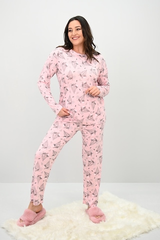 Kadın Büyük Beden Çiçek Desenli Uzun Kollu Pijama Takımı 4235-25 Siyah