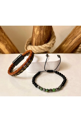 %100 Deri&hematit 3lü Erkek Bileklik Set 21 Cm Türk El Üretimi