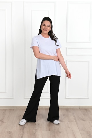 Kadın Bisiklet Yaka Yırtmaç Detaylı Büyük Beden Tshirt 9633-22 001