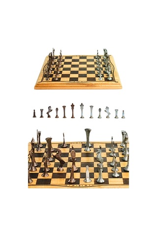 Mc52 Metal Satranç Takımı El Yapımı Doğal Ahşap Kayın Tahta Antik Metal Taşlar