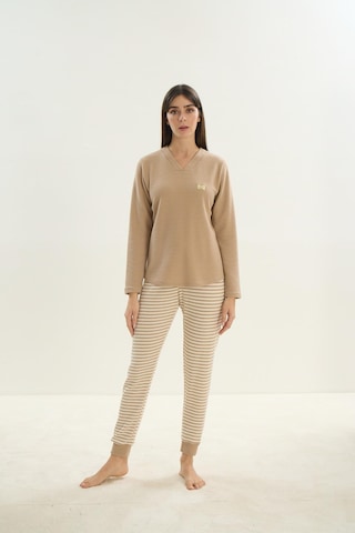 Kadın V Yaka Uzun Kol Bej Pijama Takım C0t8n0o61 001