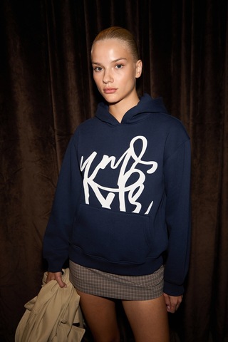 ETHIQUET IORAEN Kadın Baskılı Relaxed Kanguru Cepli Kapüşonlu acivert Sweatshirt